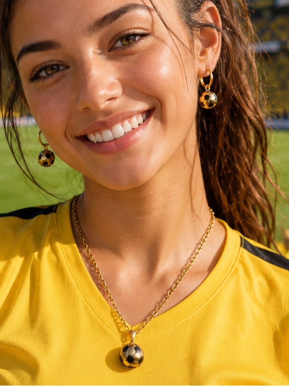 Gold and Black Soccer Ball Pendant Necklace with Matching Hoops - Picture 1 of 11